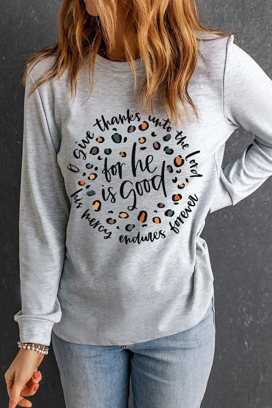 Shewin Women's Gray Inspirational Letter Print Long Sleeve Top