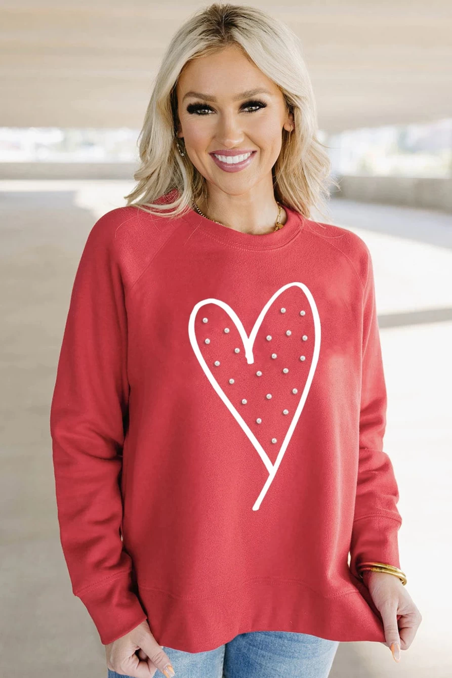 "SheWin Women's Red Valentine Heart Beaded Graphic Raglan Sleeve Sweatshirt"