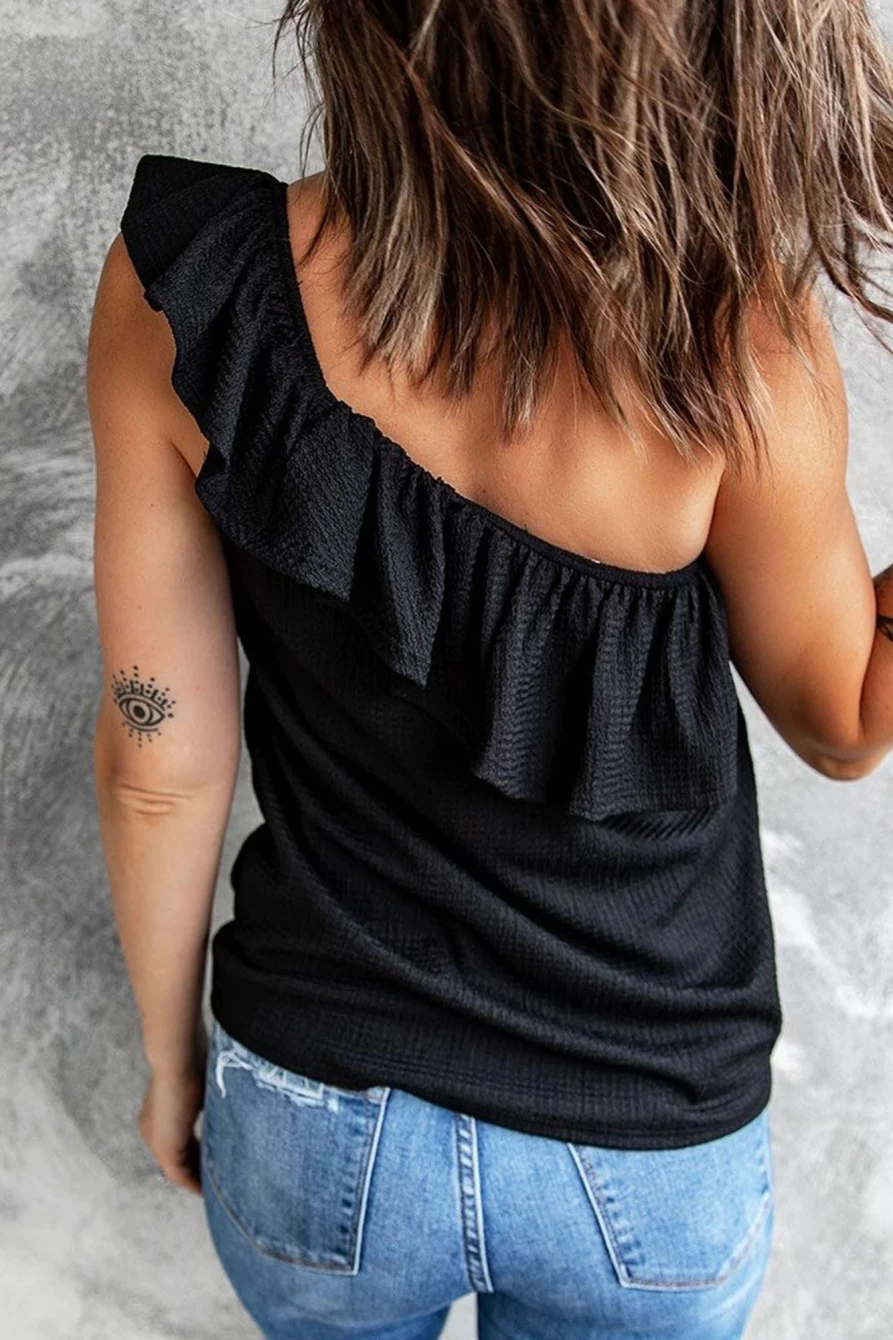 Shewin Women's Black Textured Ruffle Trim One Shoulder Sleeveless Top