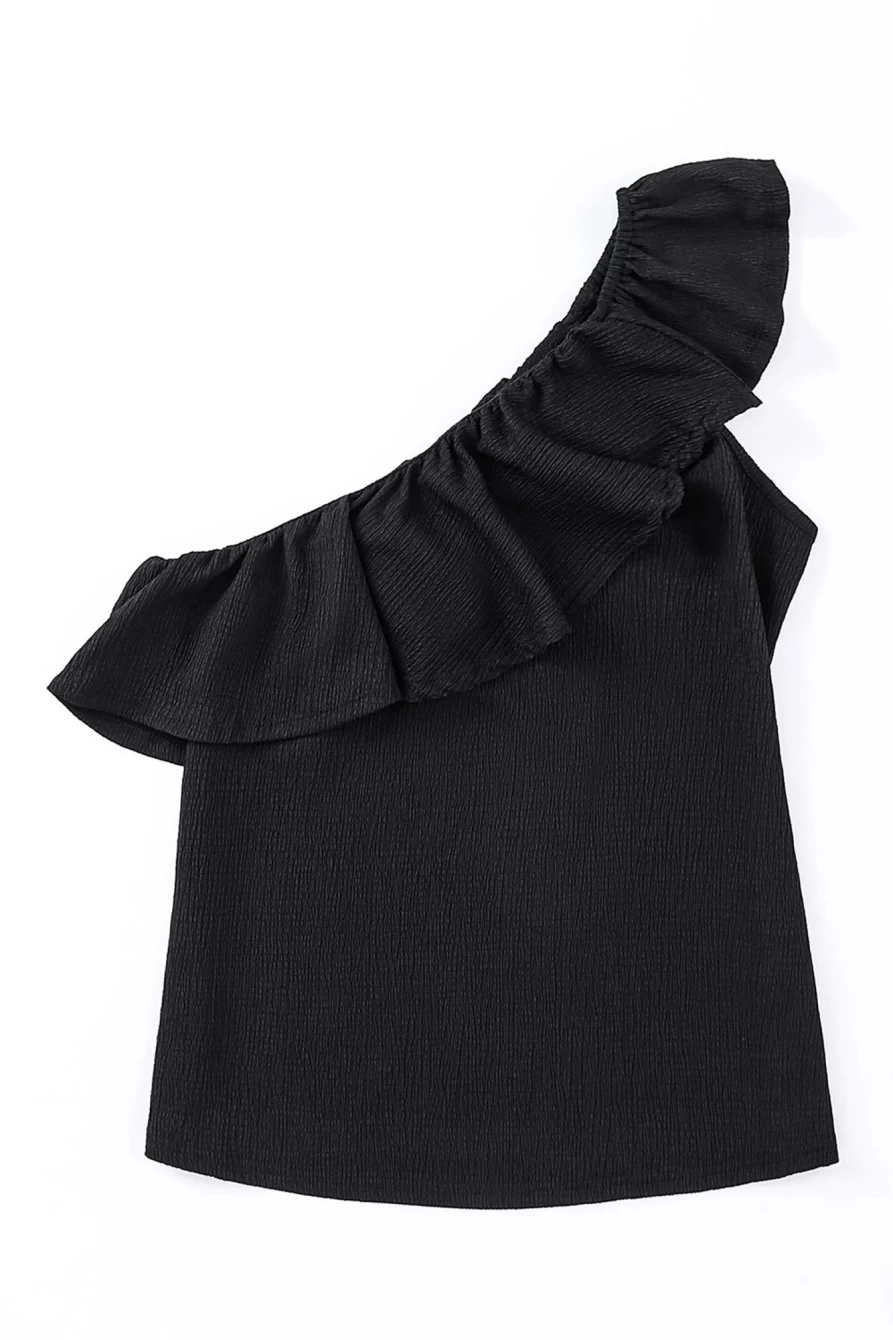 Shewin Women's Black Textured Ruffle Trim One Shoulder Sleeveless Top