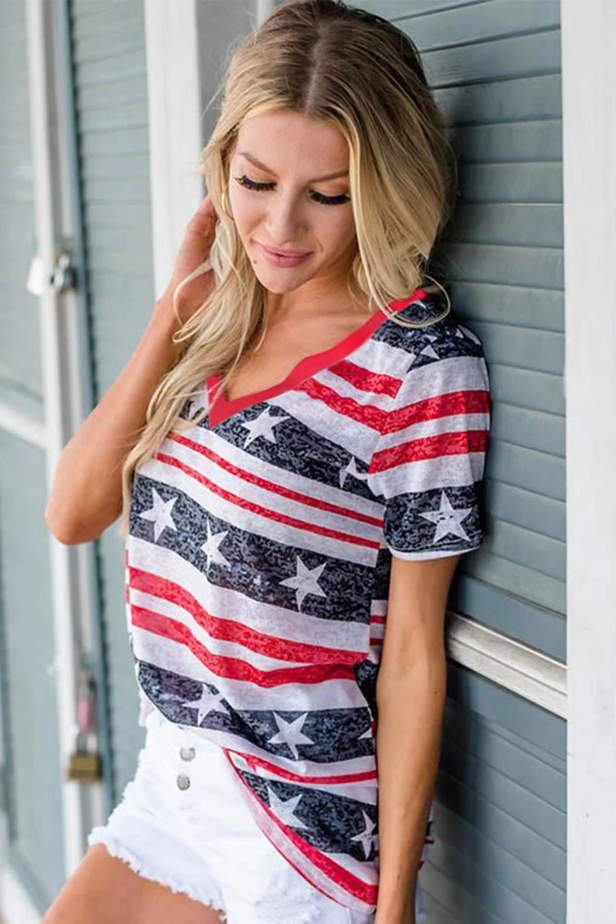 Shewin Women's Gray Star & Stripe Print V-Neck Casual T-Shirt