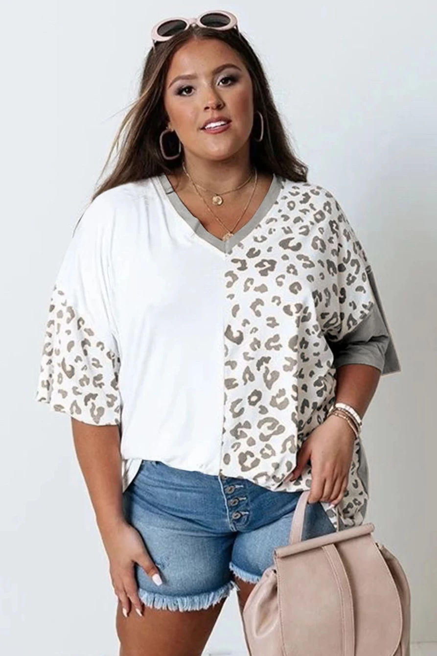 Shewin Women's Plus Size Leopard Patchwork V-Neck T-Shirt in Gray