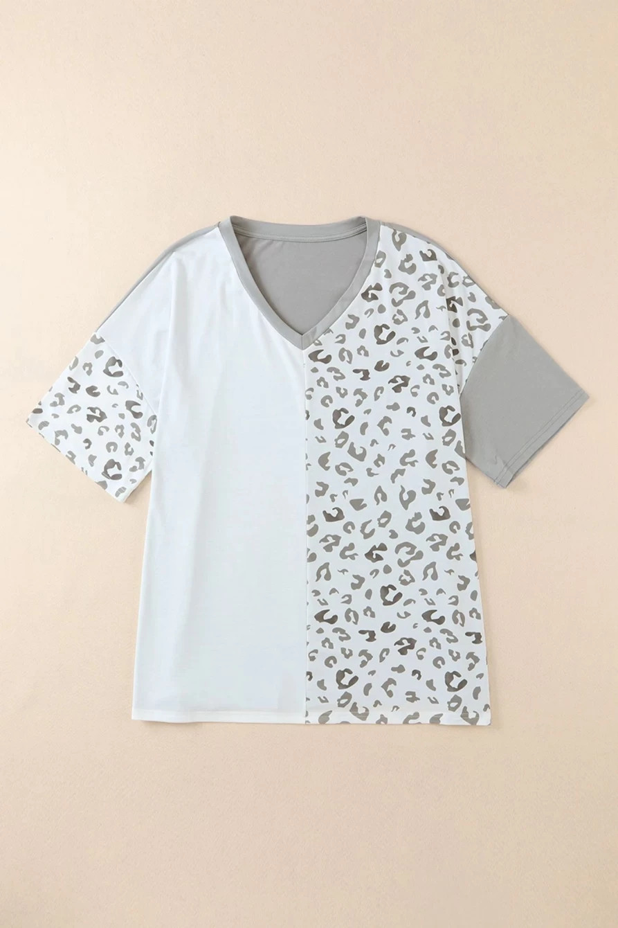Shewin Women's Plus Size Leopard Patchwork V-Neck T-Shirt in Gray