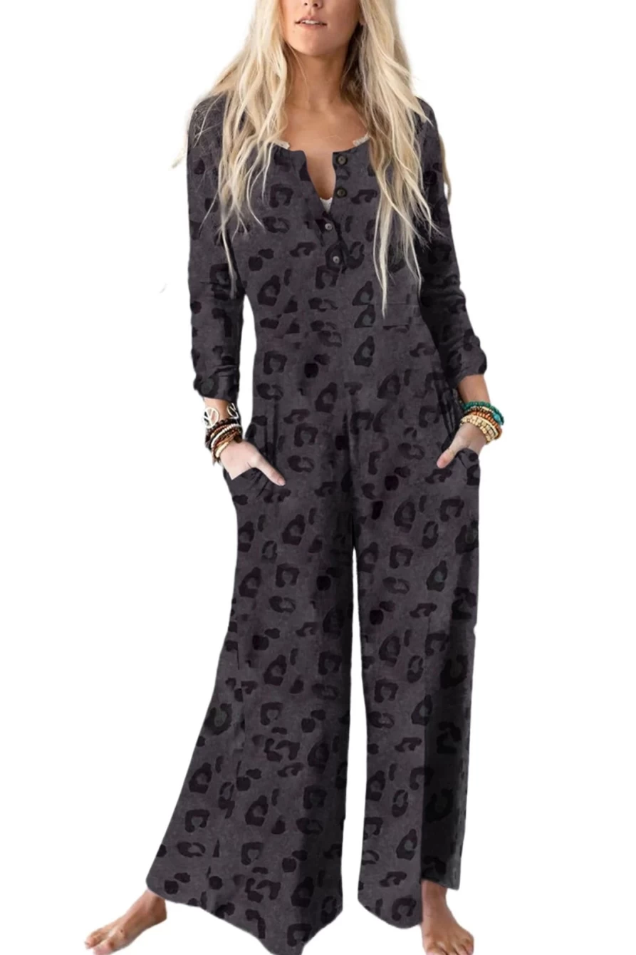 Women's Gray Printed Leopard V-Neck Buttoned Wide Leg Jumpsuit by Shewin