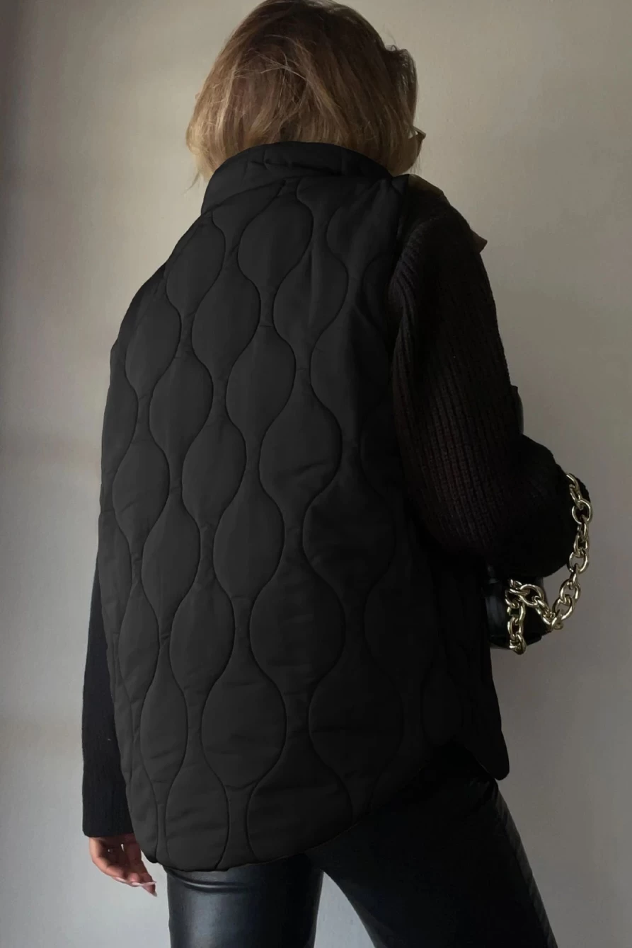 Shewin Women's Black Textured Puffer Vest with Button Zipper Detail