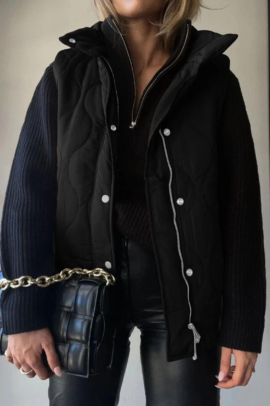 Shewin Women's Black Textured Puffer Vest with Button Zipper Detail