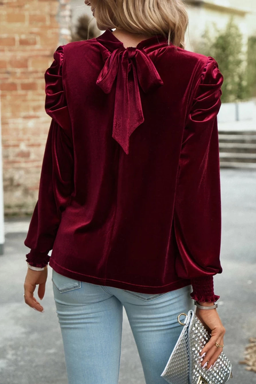 Shewin Women's Red Velvet Mock Keyhole Blouse with Puff Sleeves