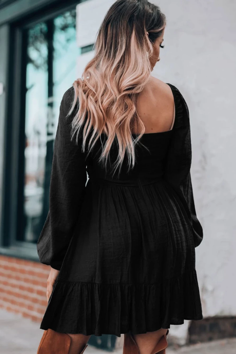 Shewin Women's Black Flounce Hem A-Line Square Neck Solid Color Dress