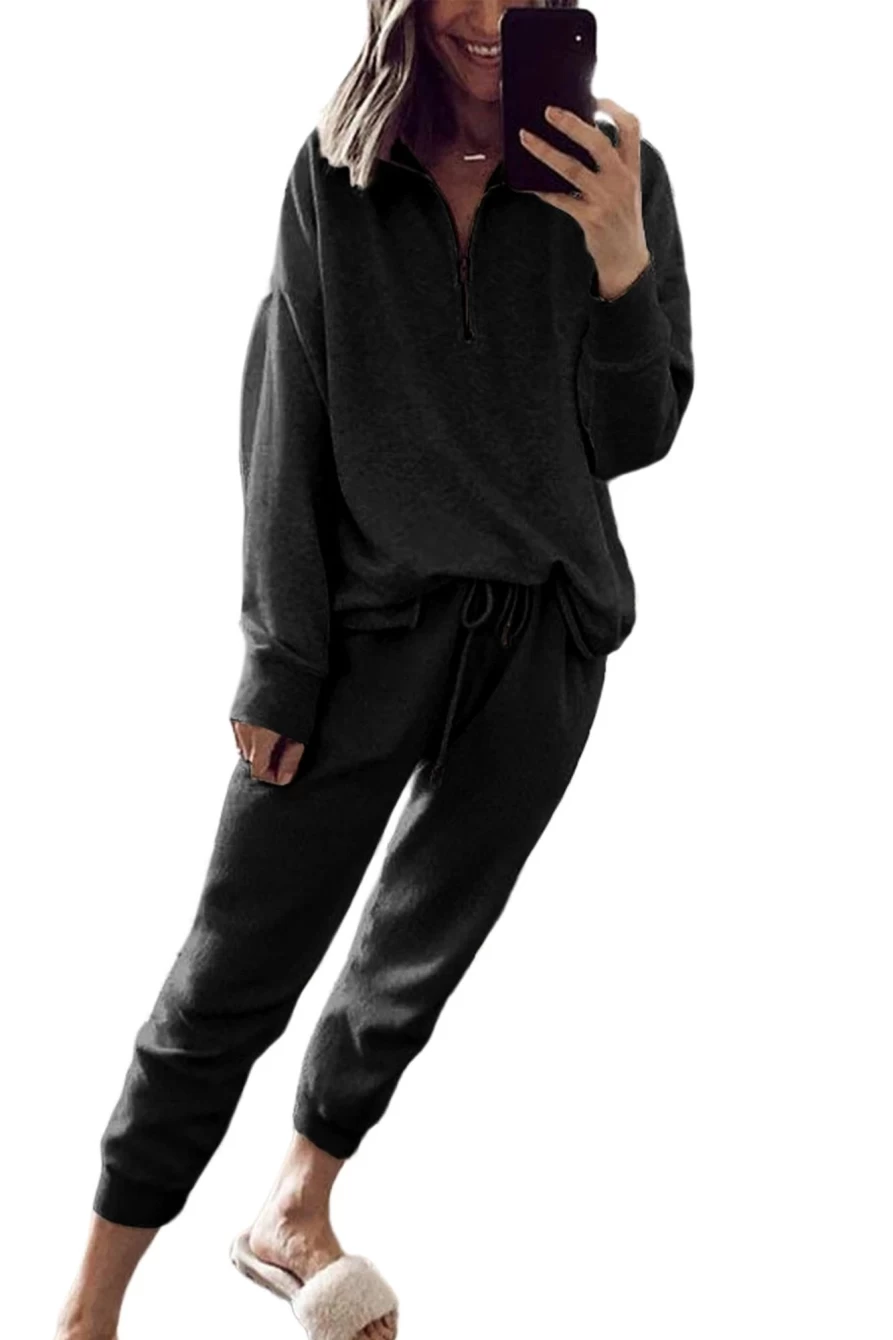 Shewin Women's Black Solid Color Half Zip Lounge Set with Drawstring Pants