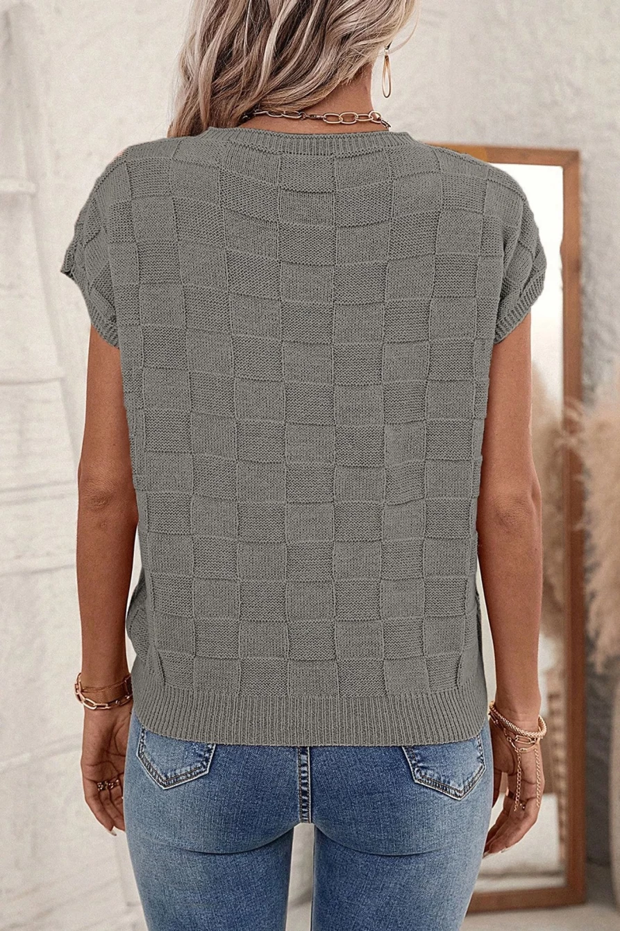 Shewin Women's Gray Lattice Textured Knit Blouse with Chest Pocket - Loose Fit Top