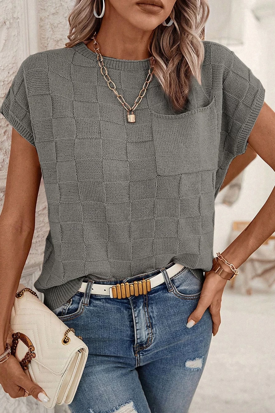 Shewin Women's Gray Lattice Textured Knit Blouse with Chest Pocket - Loose Fit Top