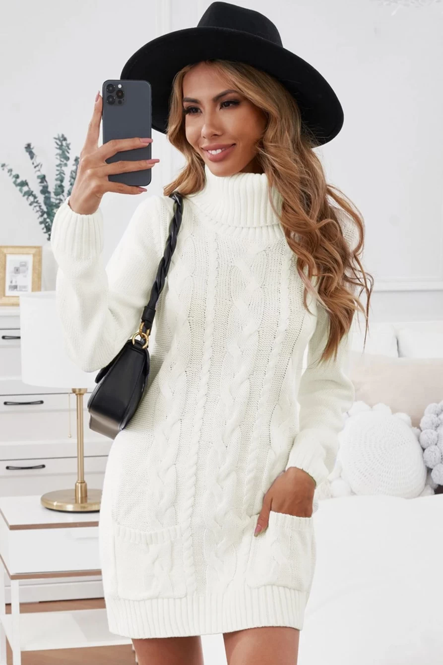 Shewin Women's White Cowl Neck Cable Knit Sweater Dress with Pocket and Twist Detail
