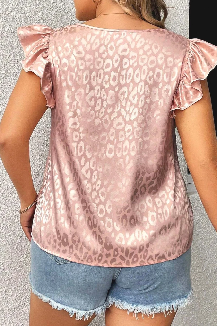 Shewin Women's Plus Size Pink Leopard Print Satin Blouse with Ruffled Flutter Sleeves