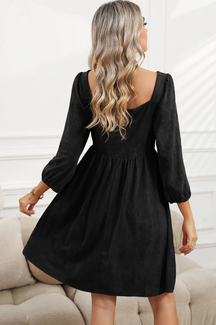 Shewin Women's Black Washed Square Neck High Waist Flared Short Dress