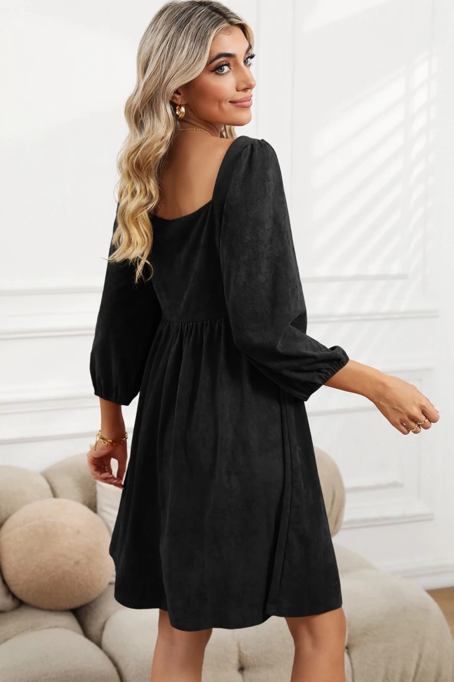 Shewin Women's Black Washed Square Neck High Waist Flared Short Dress