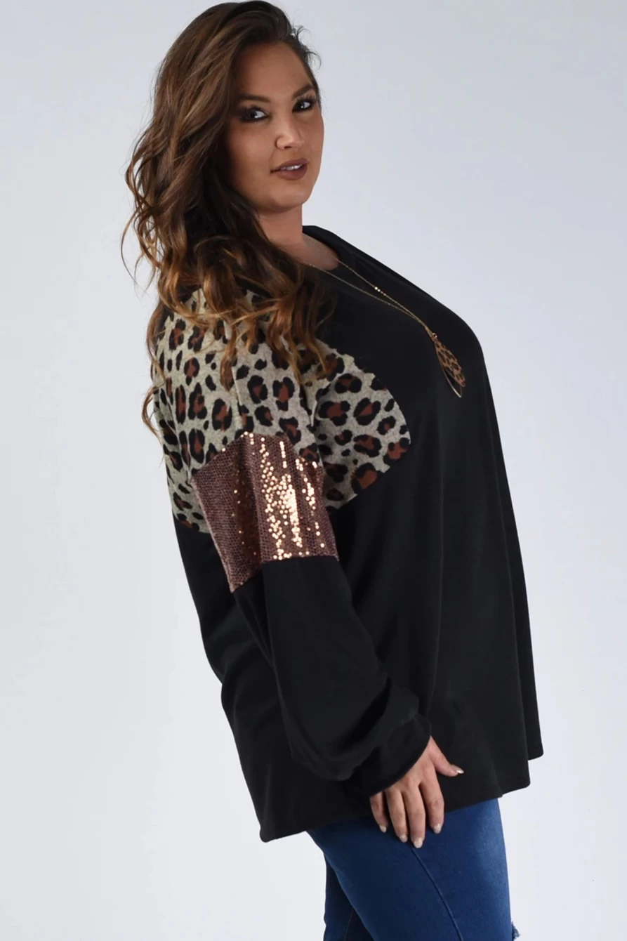 Shewin Women's Plus Size Black Leopard Sequin Patchwork Long Sleeve Top