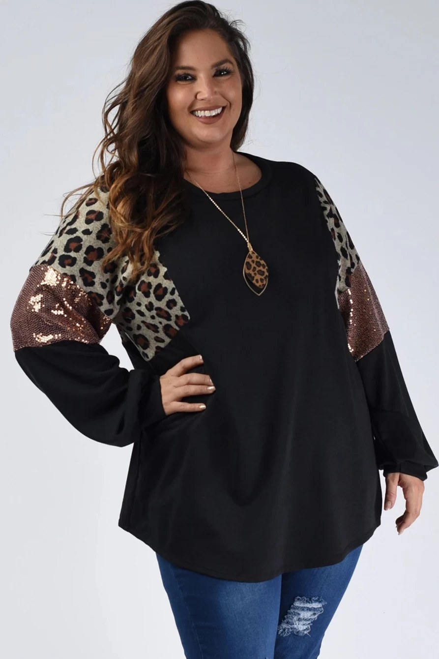 Shewin Women's Plus Size Black Leopard Sequin Patchwork Long Sleeve Top