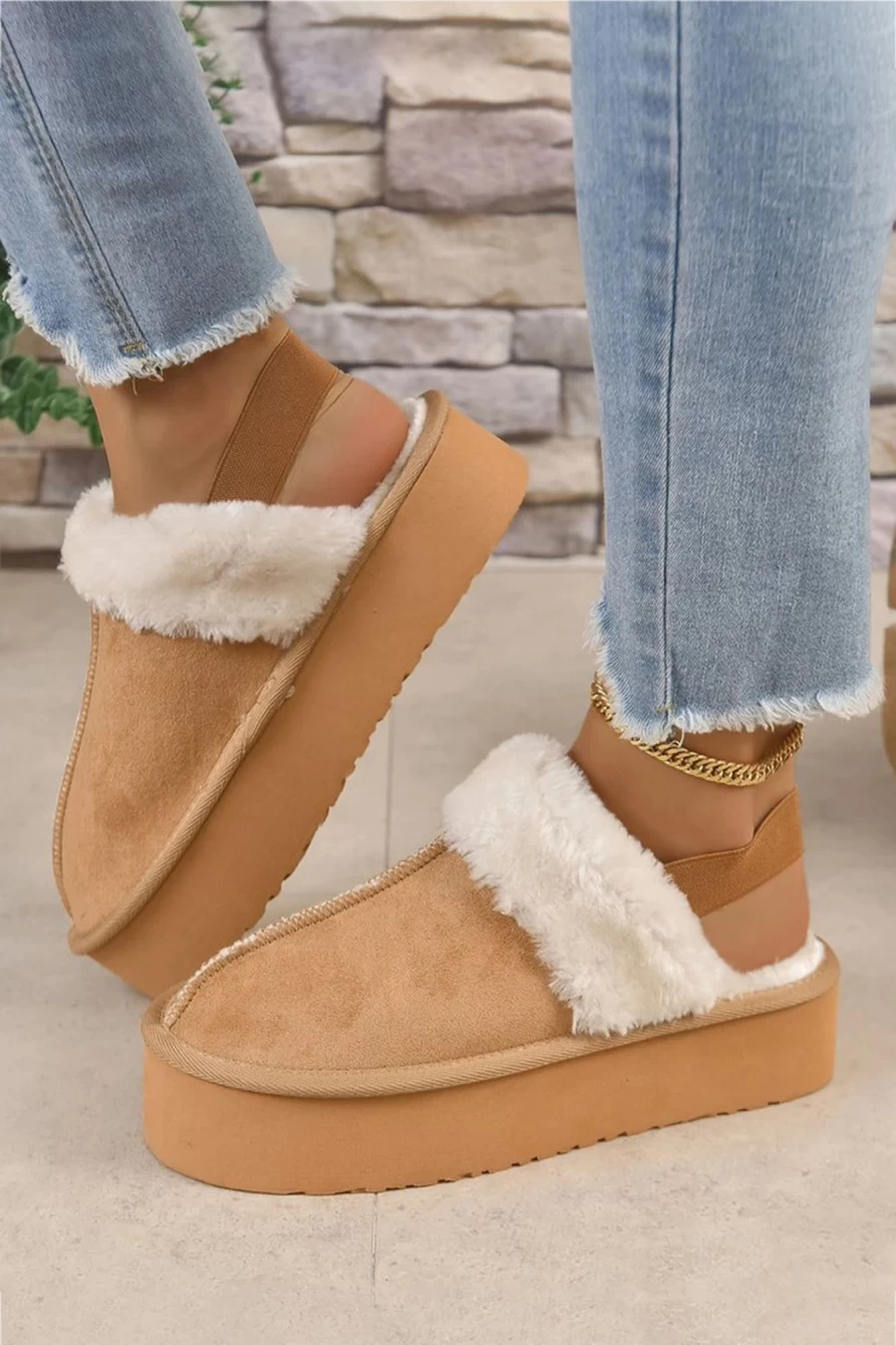 "Shewin Women's Light French Beige Suede Fluffy Slippers with Elastic Straps"