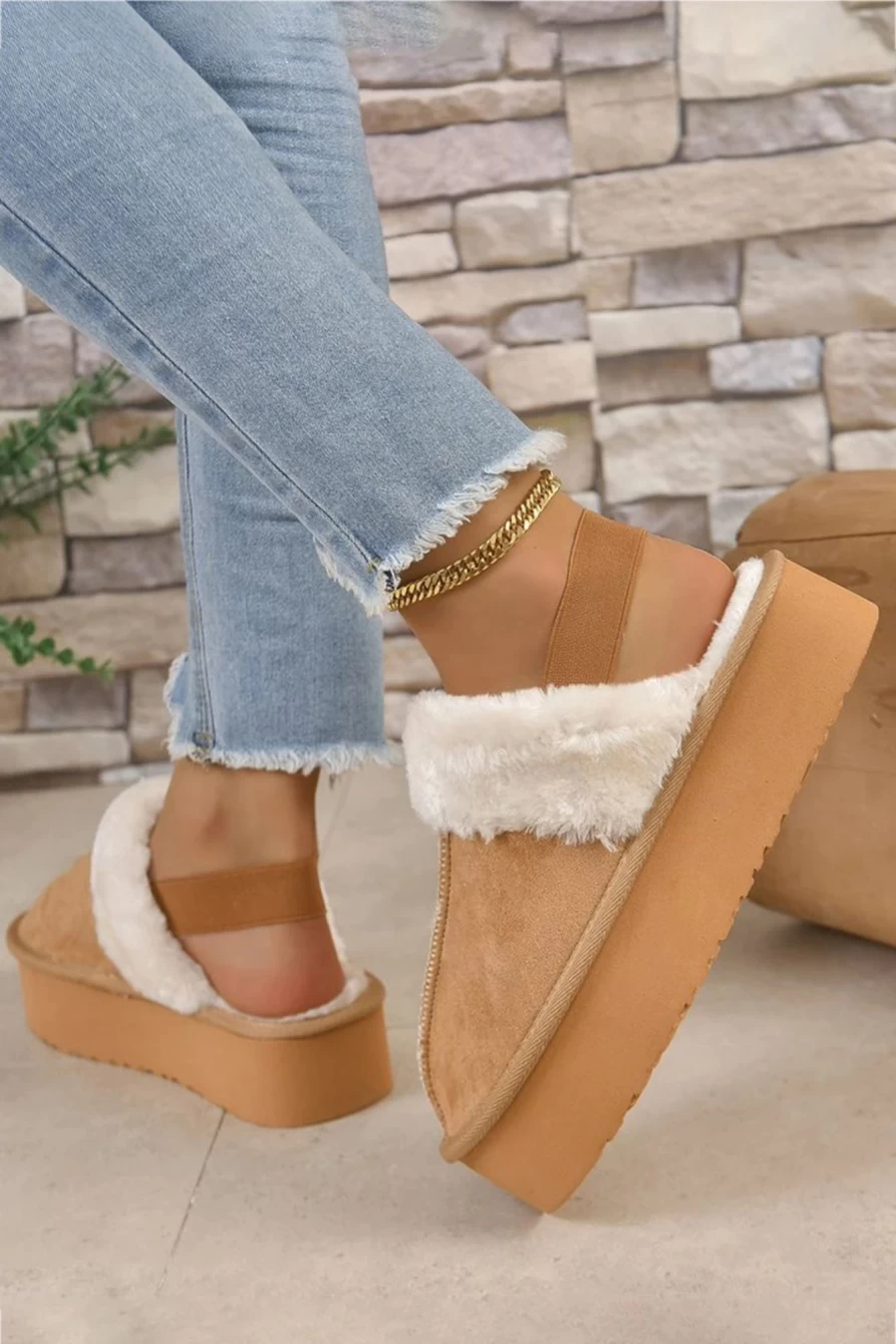 "Shewin Women's Light French Beige Suede Fluffy Slippers with Elastic Straps"