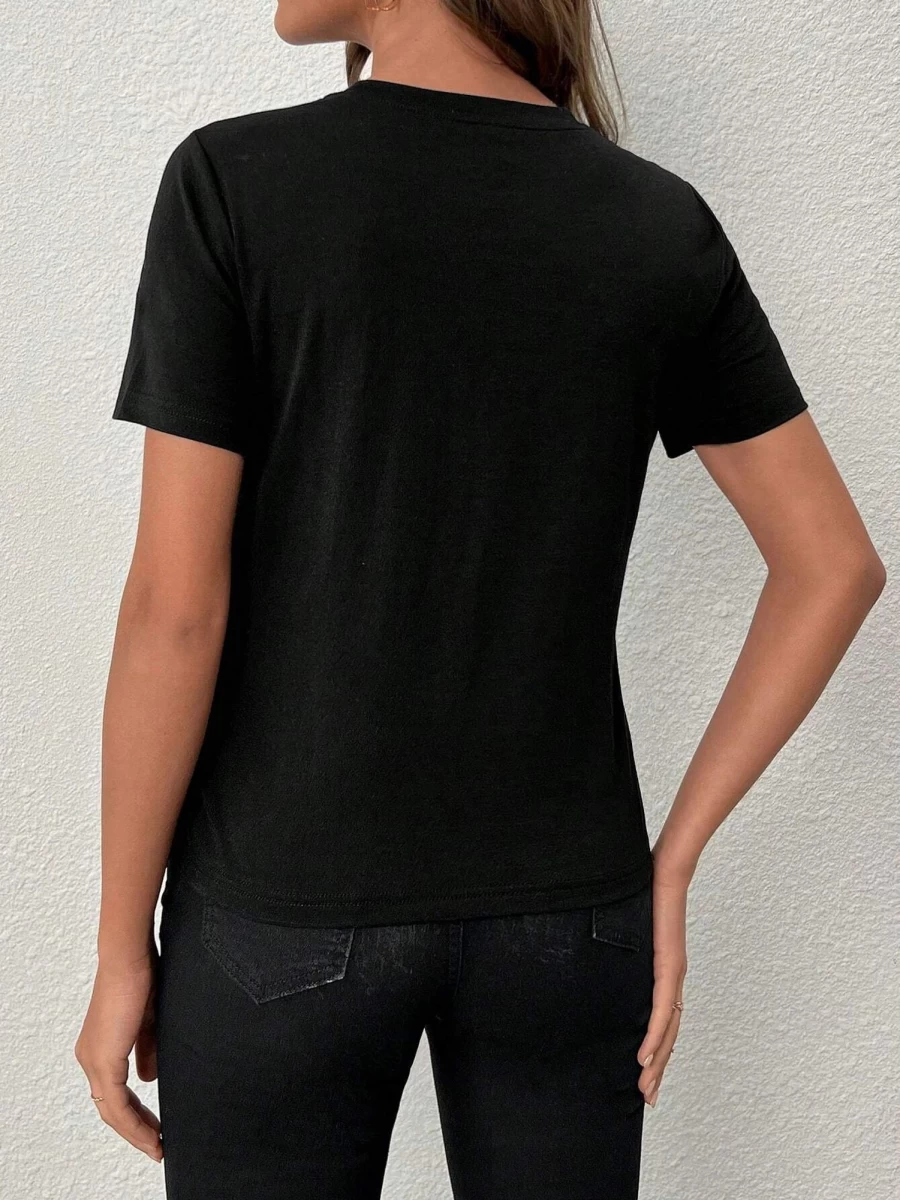Shewin Women's Black Sequin Heart Valentine's Day Graphic T-Shirt - Crew Neck Casual Top