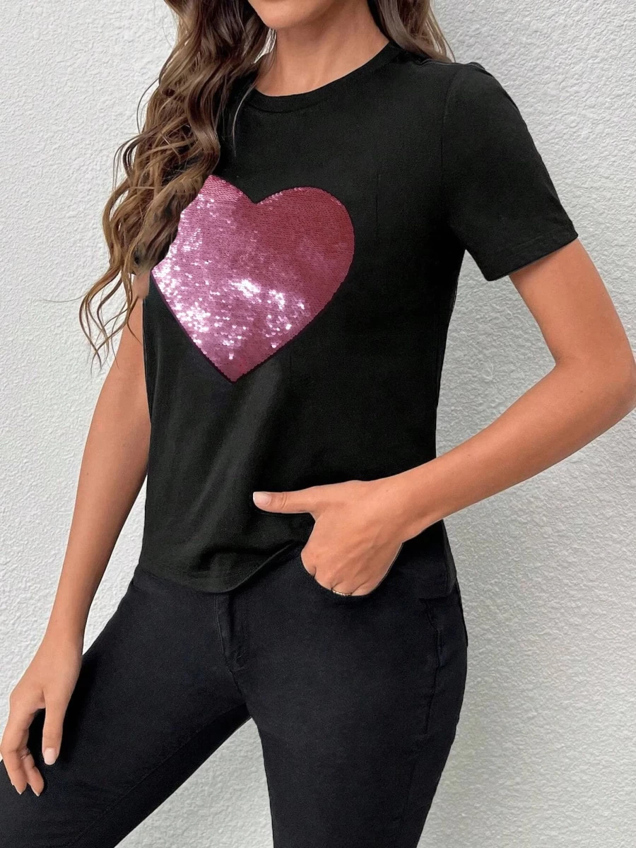 Shewin Women's Black Sequin Heart Valentine's Day Graphic T-Shirt - Crew Neck Casual Top