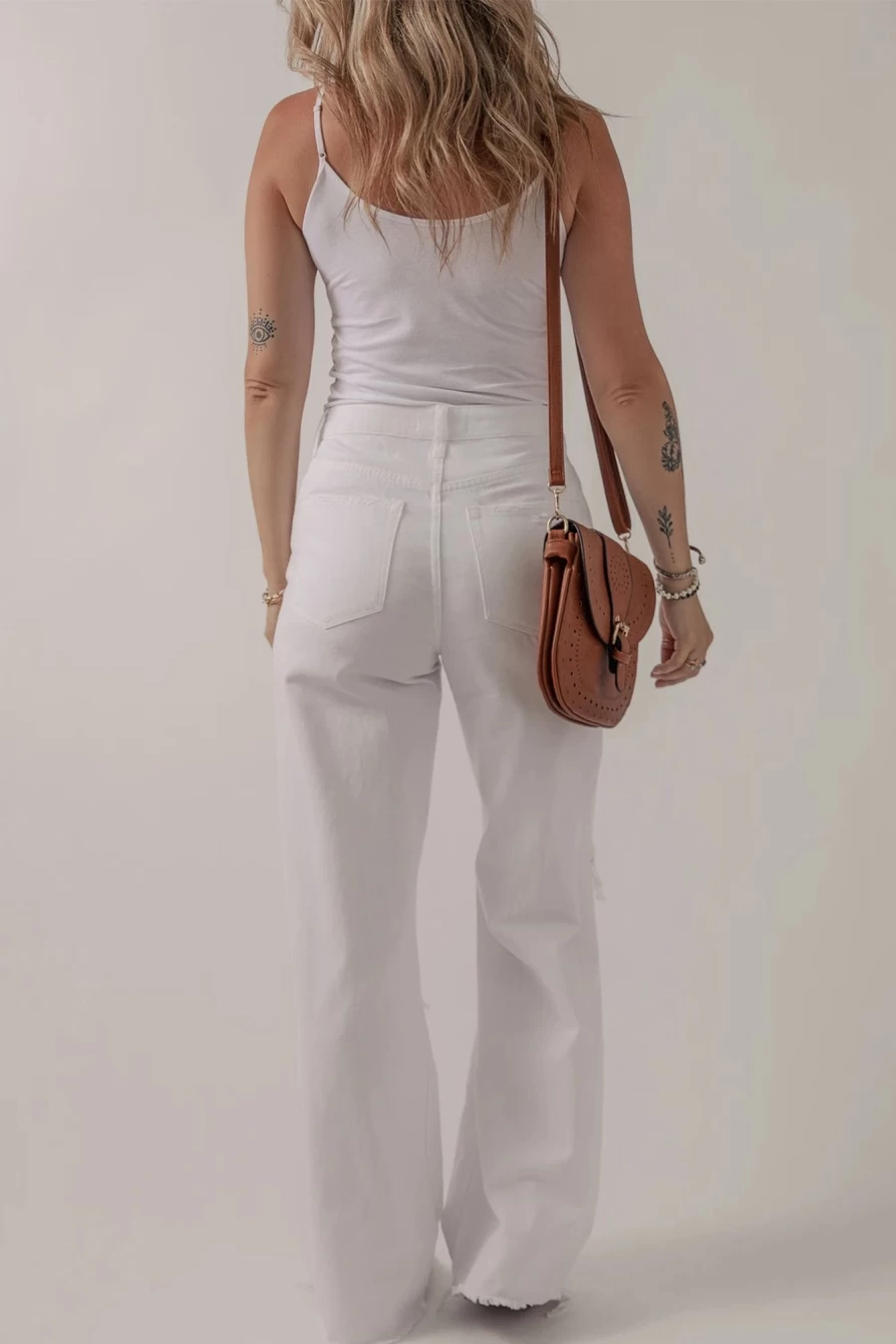 Shewin Women's White Heavy Distressed Straight Leg Jeans - Vintage Washed Denim Pants
