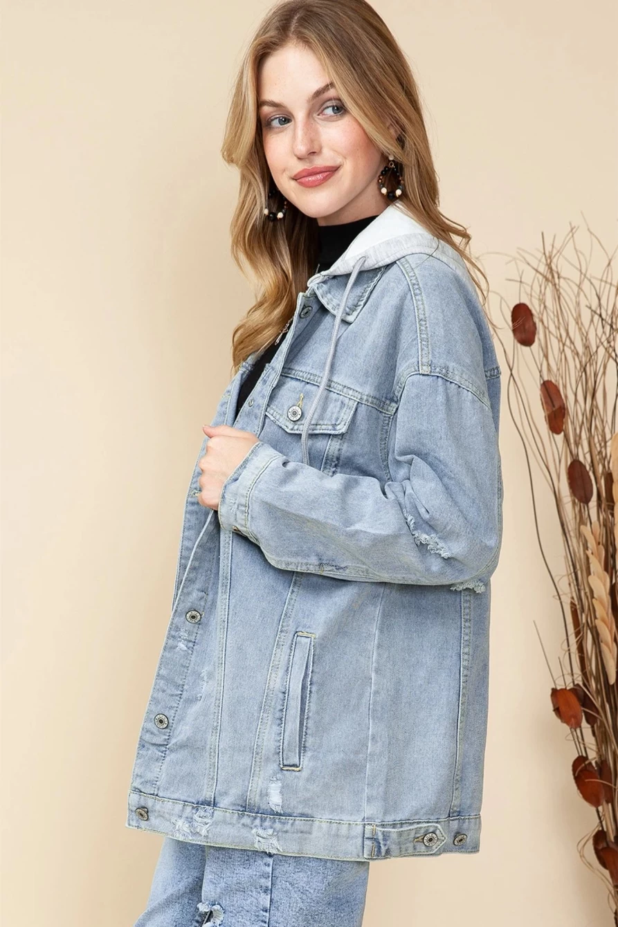 Shewin Women's Sky Blue Ripped Denim Jacket with Buttons & Hood