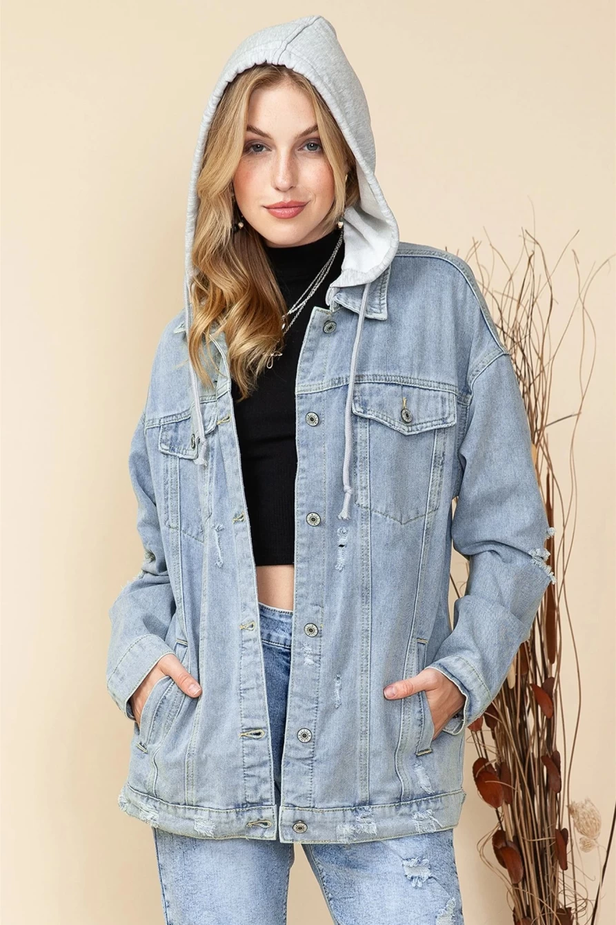 Shewin Women's Sky Blue Ripped Denim Jacket with Buttons & Hood
