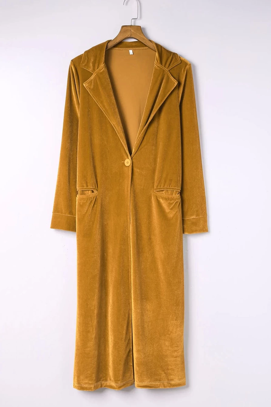 "Shewin Women's Yellow Velvet Casual Long Coat with Lapel Pocket"