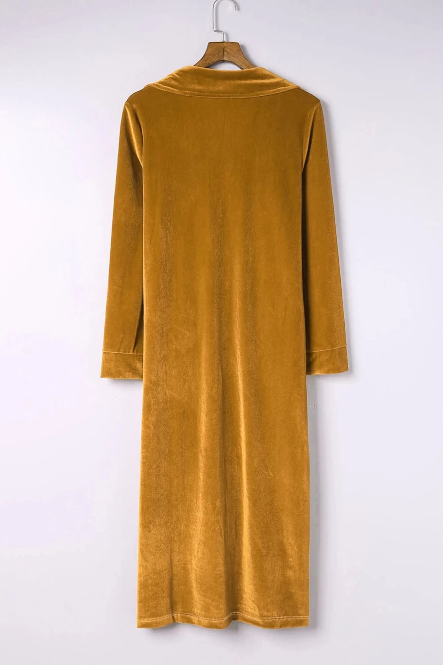 "Shewin Women's Yellow Velvet Casual Long Coat with Lapel Pocket"