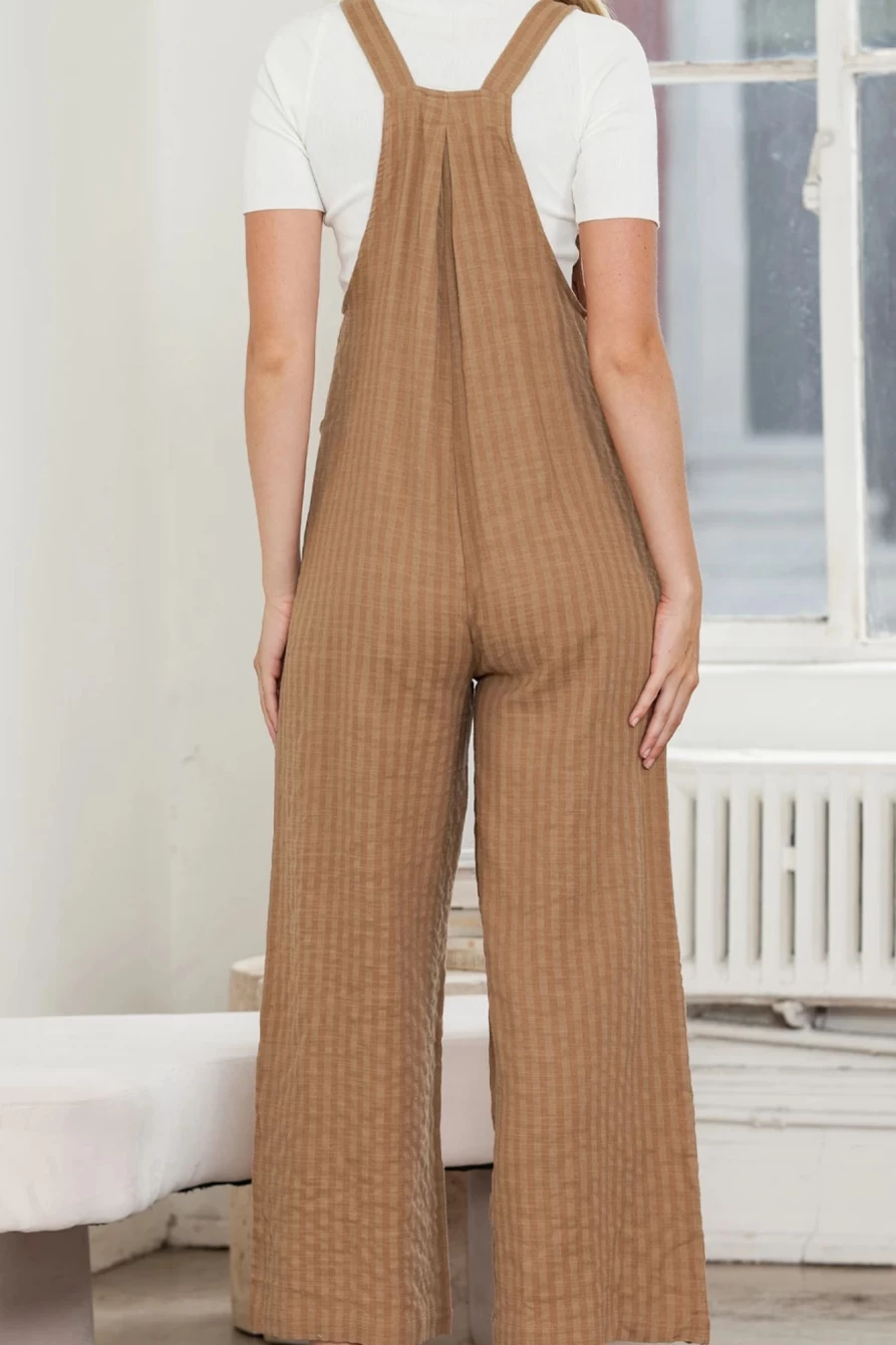 Shewin Women's Brown Striped Pleated Pocket Wide Leg Jumpsuit