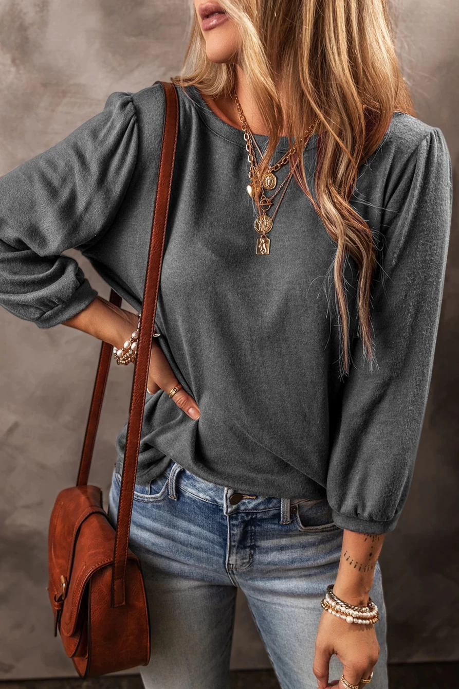 Shewin Women's Medium Grey Solid Color 3/4 Puff Sleeve Round Neck T-Shirt Top