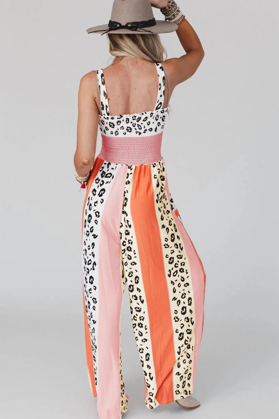 Pink Leopard Print Patchwork Strap Jumpsuit for Women by Shewin