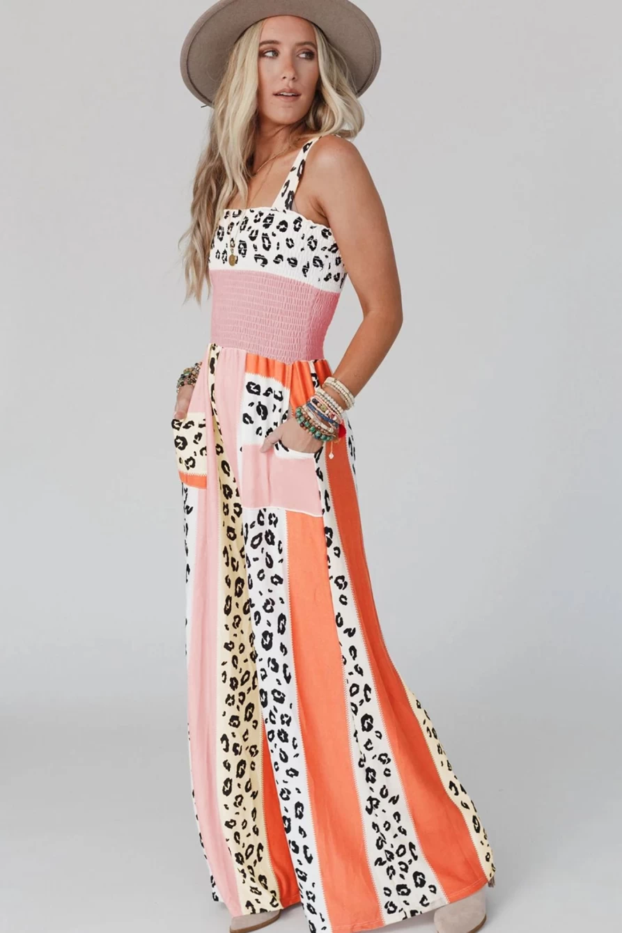 Pink Leopard Print Patchwork Strap Jumpsuit for Women by Shewin