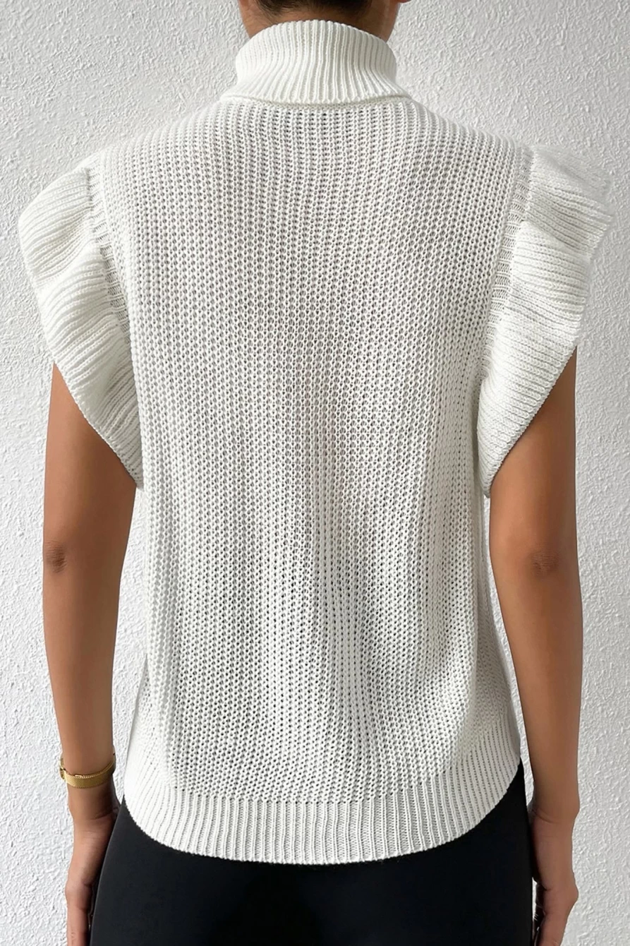 Women's White Cable Knit Turtle Neck Short Sleeve Ruffled Sweater - Shewin