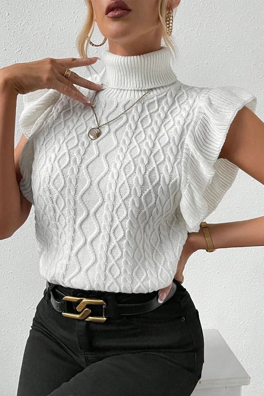 Women's White Cable Knit Turtle Neck Short Sleeve Ruffled Sweater - Shewin