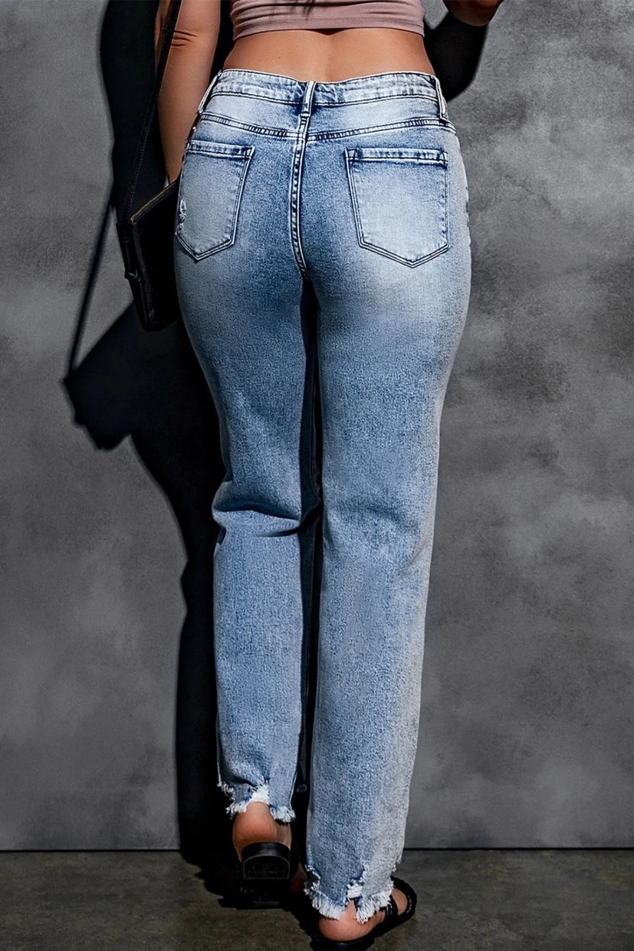 Shewin Women's Sky Blue High Waisted Wide Leg Jeans - Light Washed Ripped Raw Hem Denim