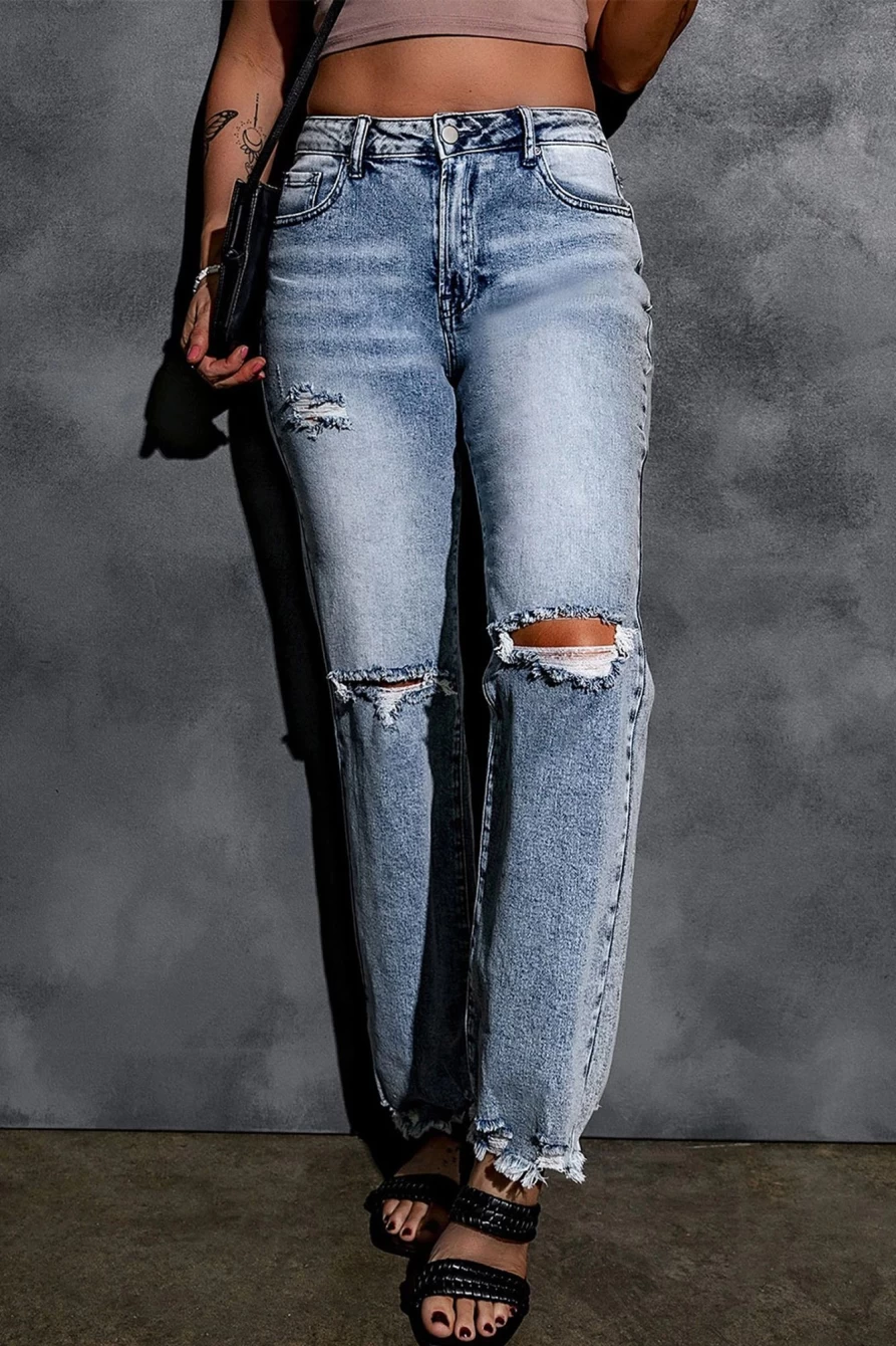 Shewin Women's Sky Blue High Waisted Wide Leg Jeans - Light Washed Ripped Raw Hem Denim