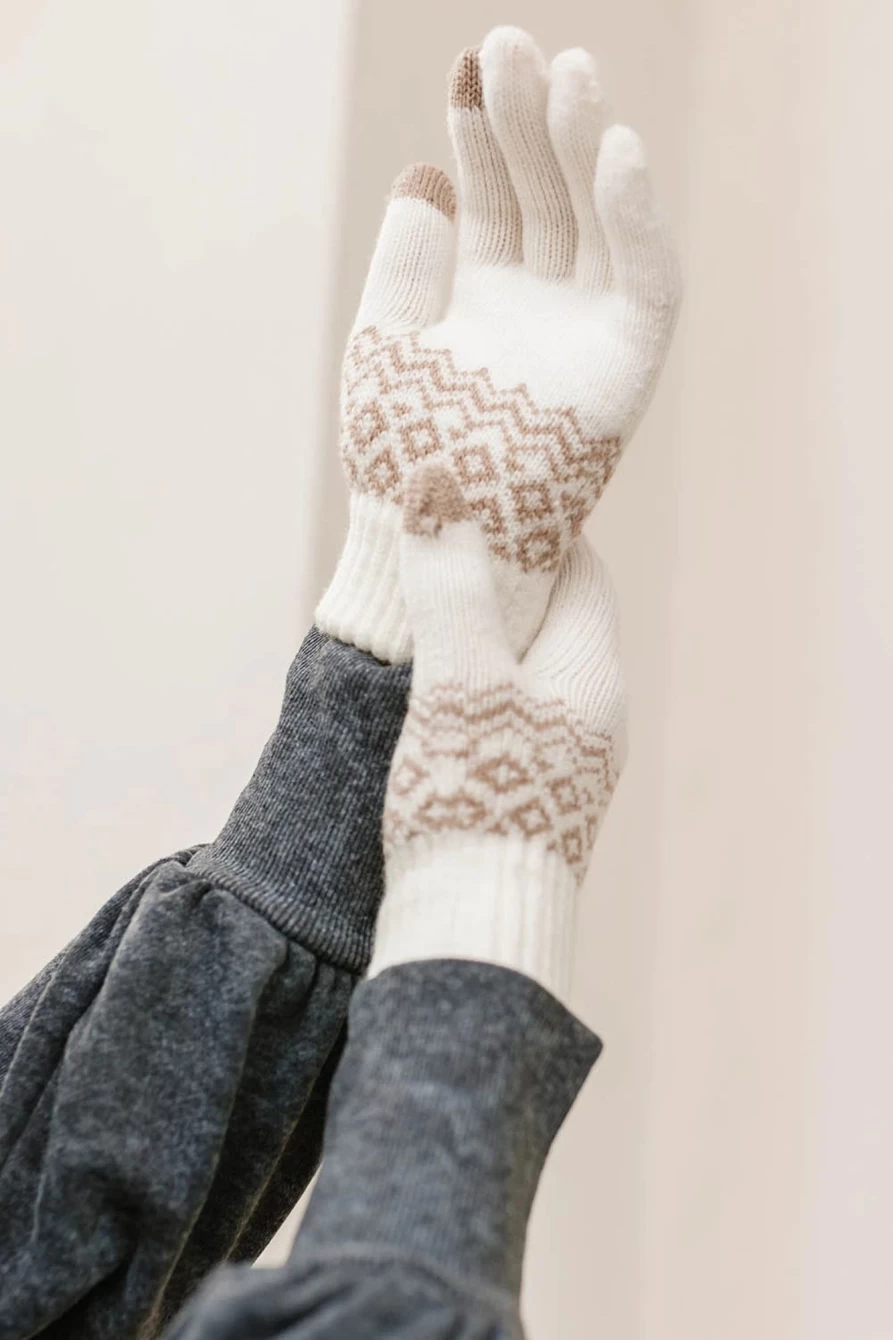 Shewin Women's White Geometric Pattern Touch Screen Gloves - Winter Fashion Gloves for Cold Weather