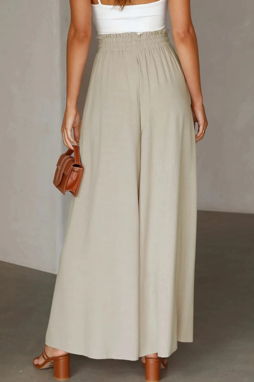 Shewin Women's Beige High Waist Smocked Drawstring Wide Leg Pants
