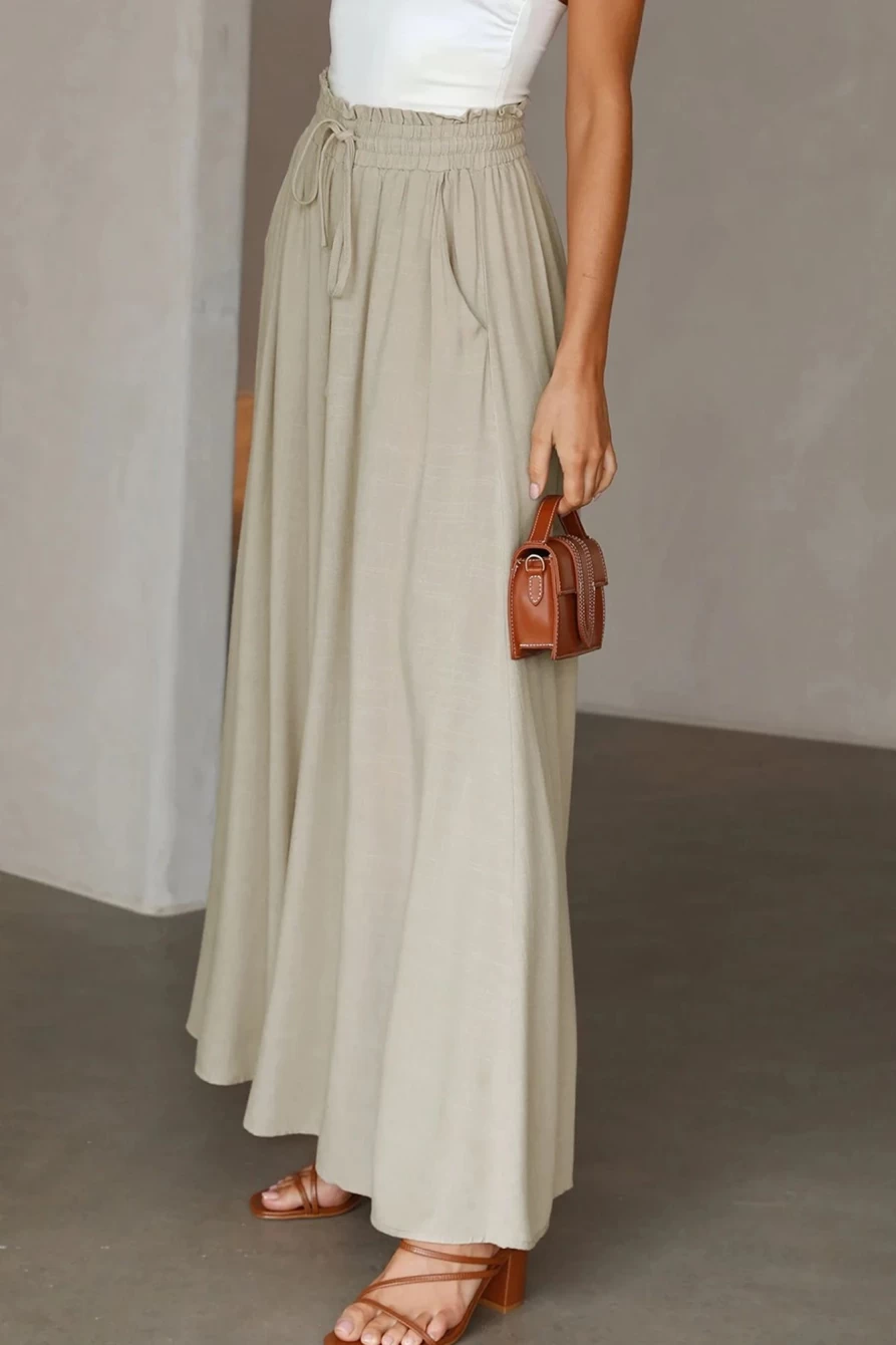 Shewin Women's Beige High Waist Smocked Drawstring Wide Leg Pants