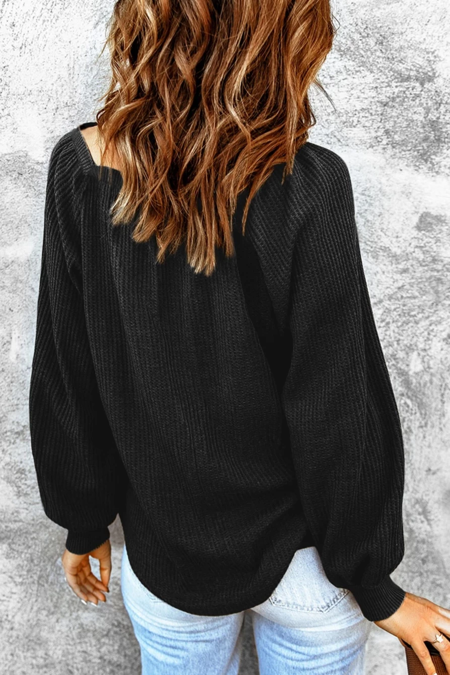 Shewin Women's Black Waffle Texture Square Neck Bishop Sleeve Top