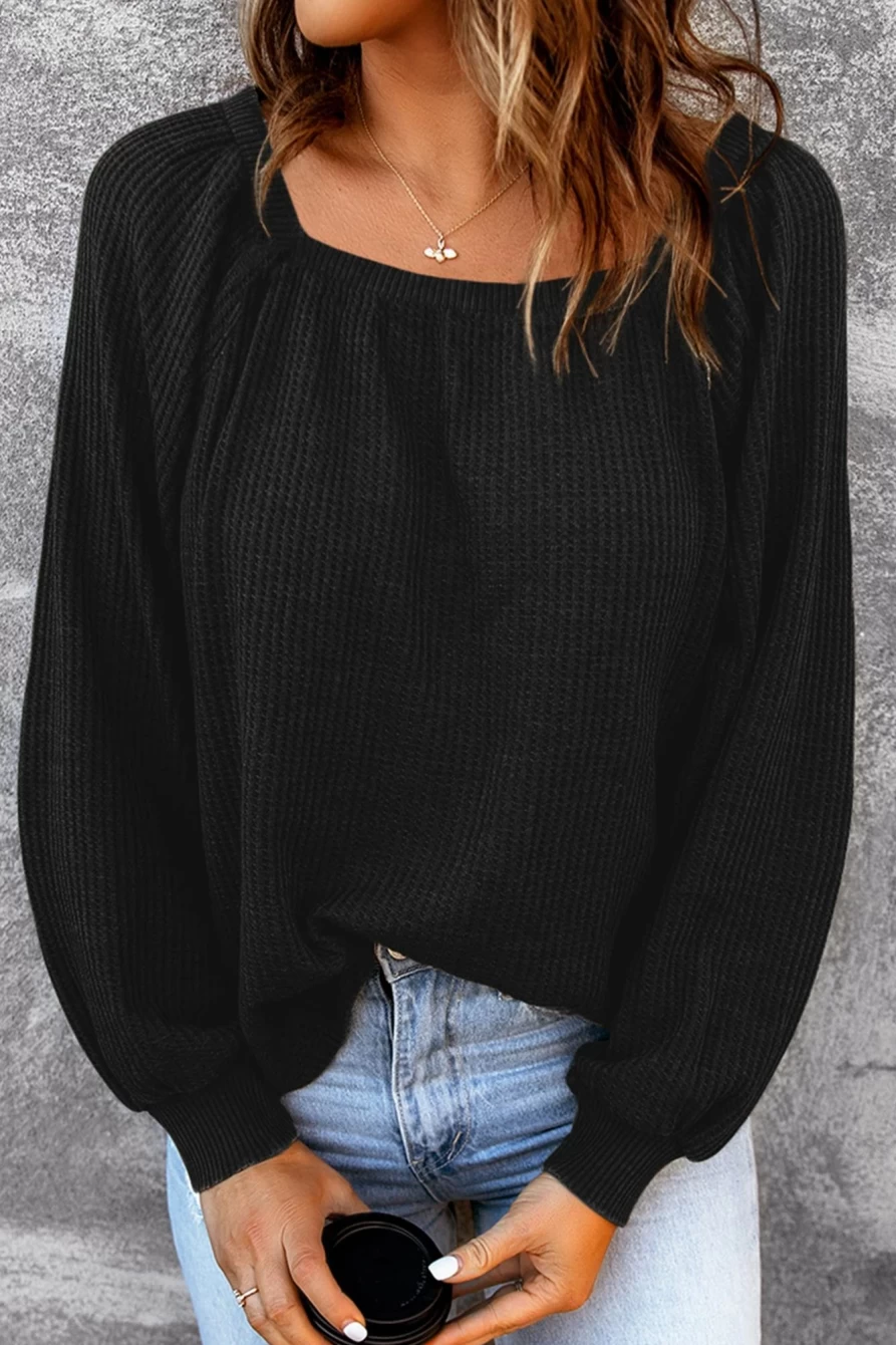 Shewin Women's Black Waffle Texture Square Neck Bishop Sleeve Top