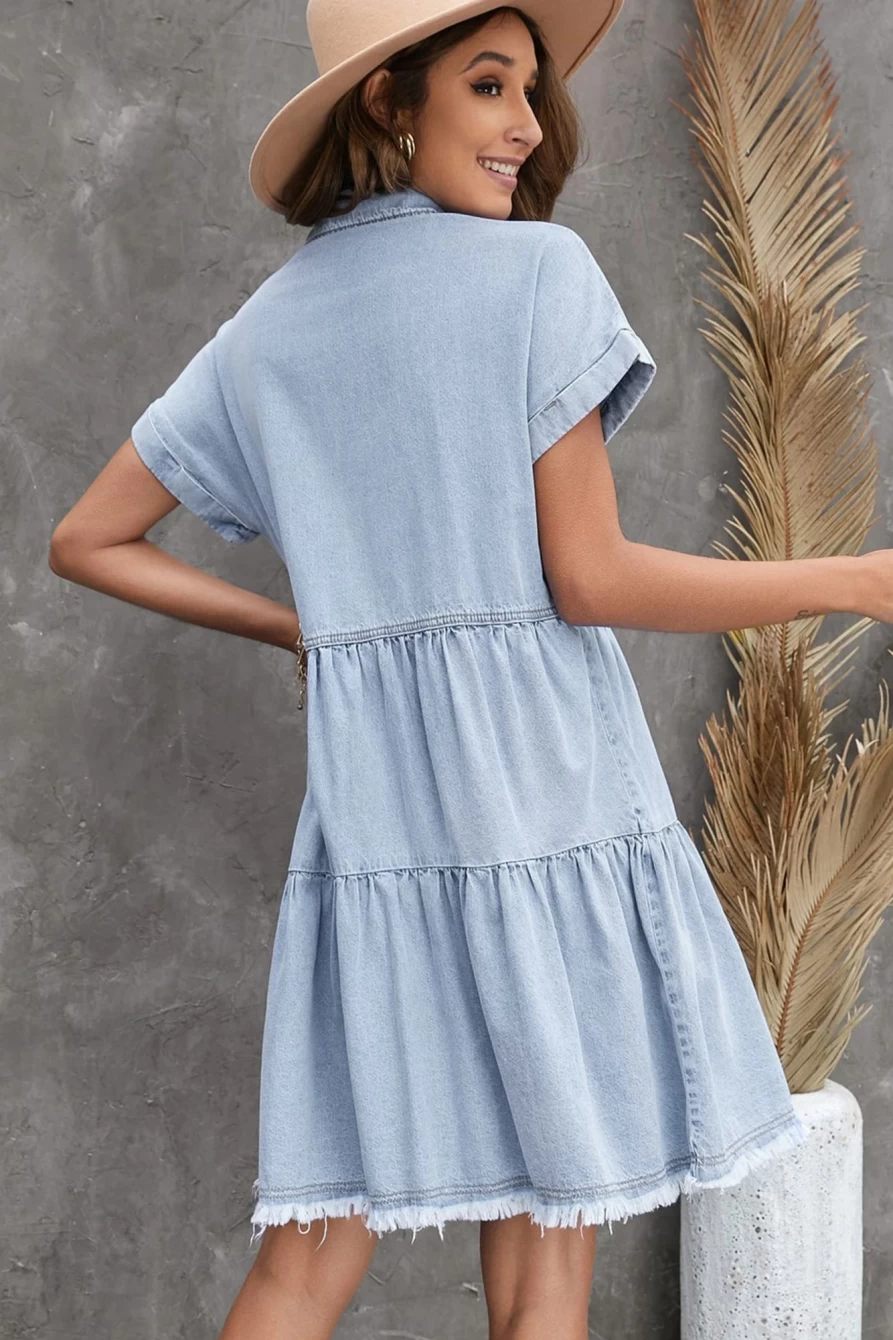 Shewin Women's Sky Blue Denim Button Up Short Sleeve Shirt Dress
