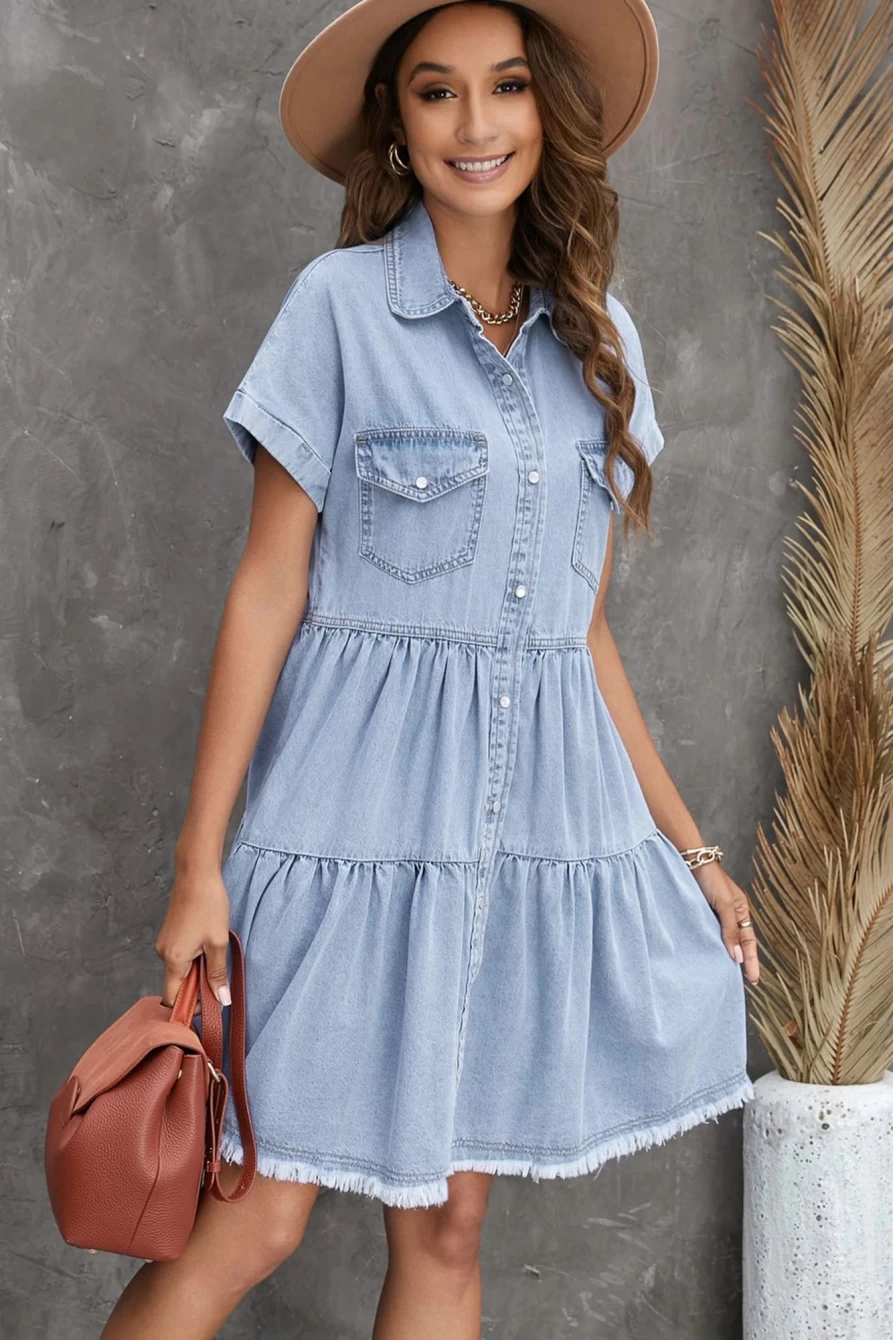 Shewin Women's Sky Blue Denim Button Up Short Sleeve Shirt Dress