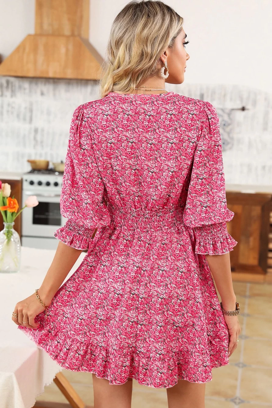 Shewin Women's Boho Floral Short Dress with Plunge Neckline - Multicolor Ditsy Print Summer Dress