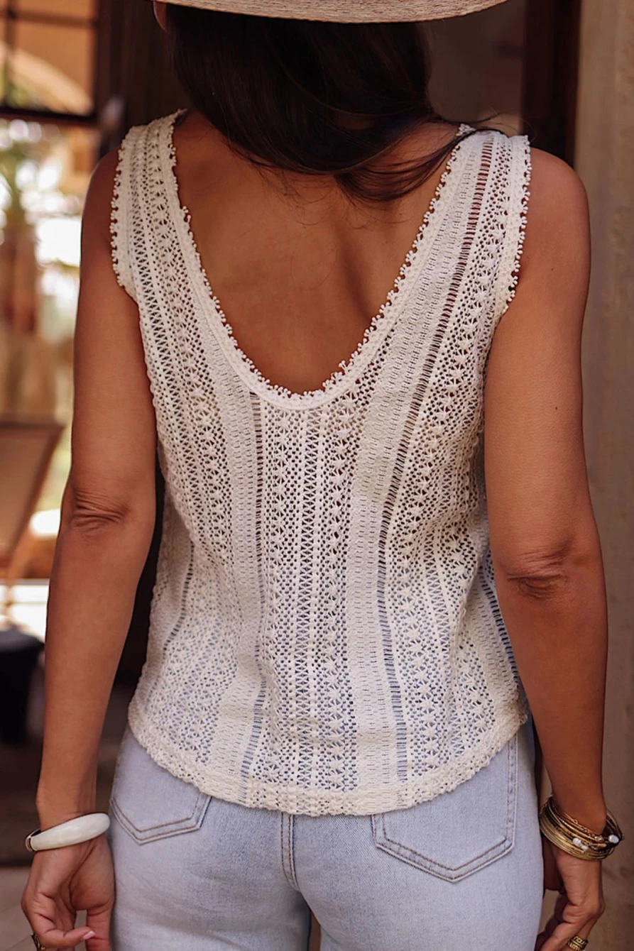 Shewin Women's White Lace Crochet U-Neck Open Back Tank Top
