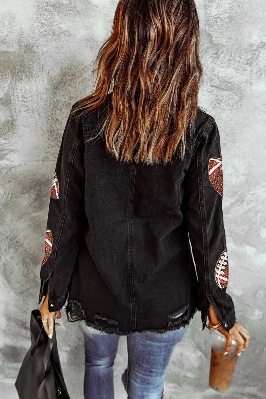 Women's Black Sequined Rugby Graphic Distressed Denim Shacket by Shewin