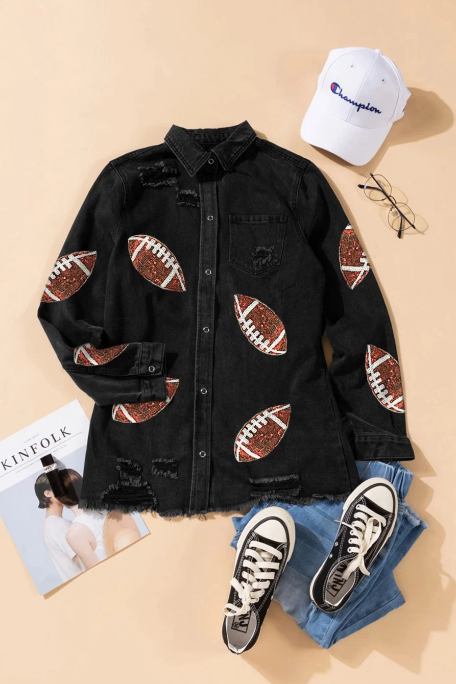 Women's Black Sequined Rugby Graphic Distressed Denim Shacket by Shewin