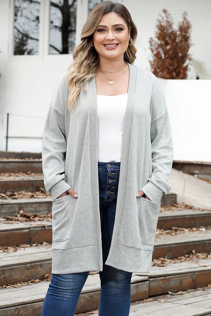 "Shewin Women's Plus Size Beige Thermal Knit Cardigan with Pockets"
